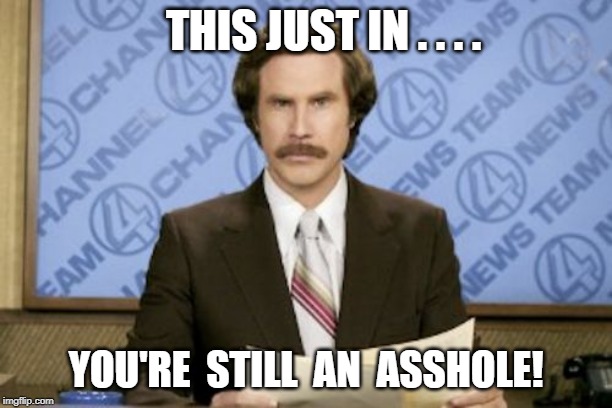 Ron Burgundy | THIS JUST IN . . . . YOU'RE  STILL  AN  ASSHOLE! | image tagged in memes,ron burgundy | made w/ Imgflip meme maker