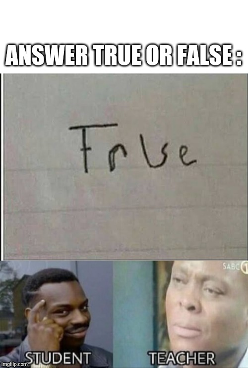 Correct way to answer true or false (meme inspired by shaxyshrops meme) | ANSWER TRUE OR FALSE : | image tagged in meme,school tricks | made w/ Imgflip meme maker