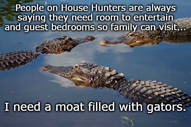 People on House Hunters are always saying they need room to entertain and guest bedrooms so family can visit... I need a moat filled with gators. | image tagged in dark humor,uninvited guests,family drama,funny,peace and quiet | made w/ Imgflip meme maker