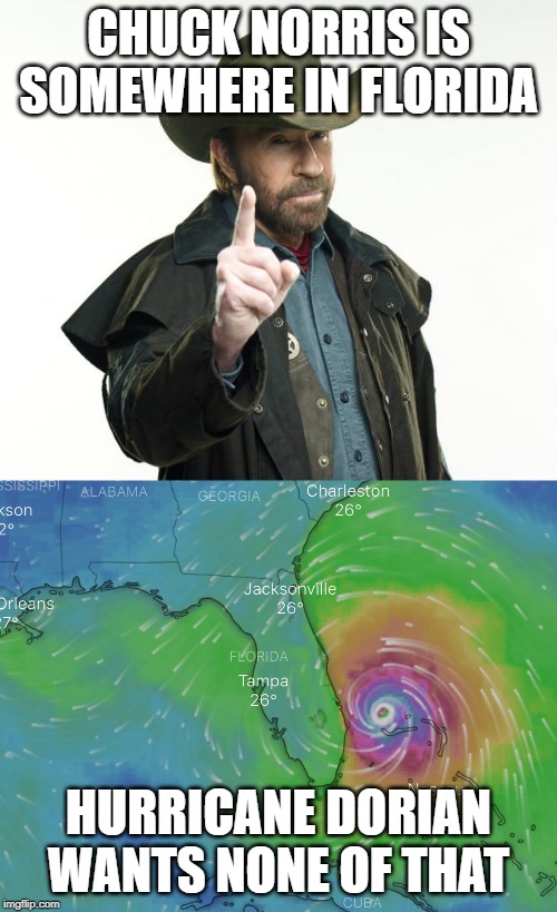 Chuck Norris Vs Dorian | CHUCK NORRIS IS SOMEWHERE IN FLORIDA; HURRICANE DORIAN WANTS NONE OF THAT | image tagged in memes,chuck norris finger,hurricane dorian,nope | made w/ Imgflip meme maker