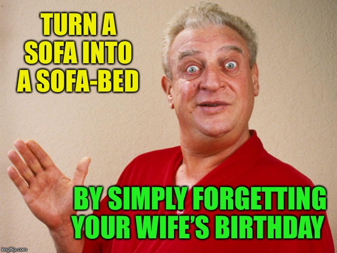 WHAT ?? TODAY ??( roast Ricardo week is on now, September 16th - 22nd .. use me as the butt if your jokes. | TURN A SOFA INTO A SOFA-BED; BY SIMPLY FORGETTING YOUR WIFE’S BIRTHDAY | image tagged in rodney dangerfield for pres,birthday,wife,i forgot,dumbass | made w/ Imgflip meme maker