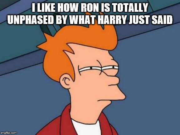 Futurama Fry Meme | I LIKE HOW RON IS TOTALLY UNPHASED BY WHAT HARRY JUST SAID | image tagged in memes,futurama fry | made w/ Imgflip meme maker