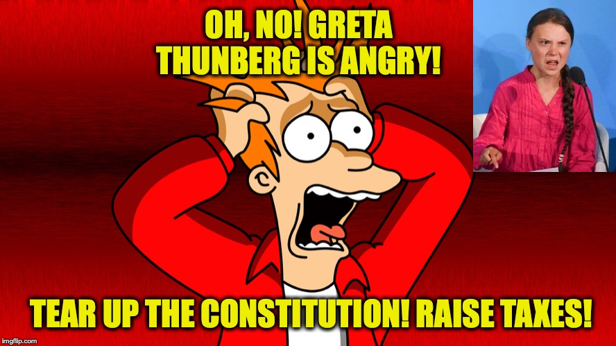 Poor Deluded Young Girl | OH, NO! GRETA THUNBERG IS ANGRY! TEAR UP THE CONSTITUTION! RAISE TAXES! | image tagged in fry panic,greta thunberg,constitution,let's raise their taxes | made w/ Imgflip meme maker