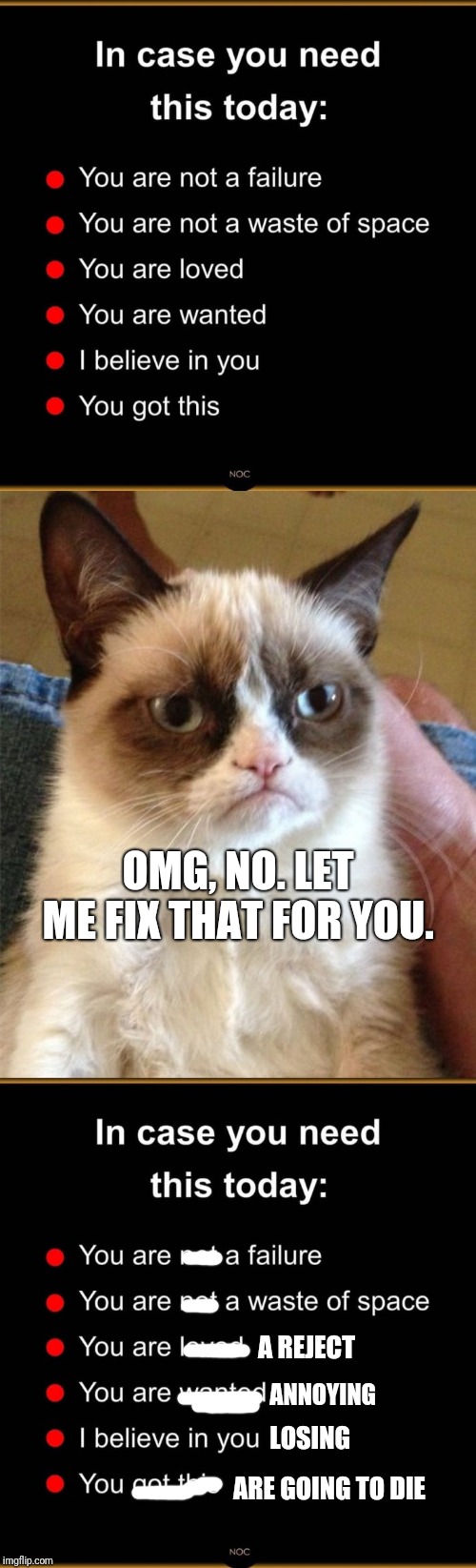 I couldn't resist :D | OMG, NO. LET ME FIX THAT FOR YOU. A REJECT; ANNOYING; LOSING; ARE GOING TO DIE | image tagged in memes,grumpy cat,lol,funny memes,you suck,wtf | made w/ Imgflip meme maker