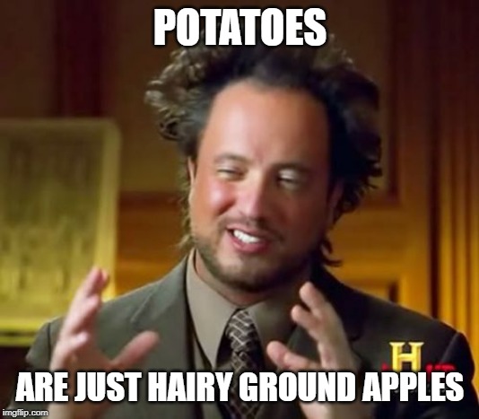Ancient Aliens | POTATOES; ARE JUST HAIRY GROUND APPLES | image tagged in memes,ancient aliens | made w/ Imgflip meme maker