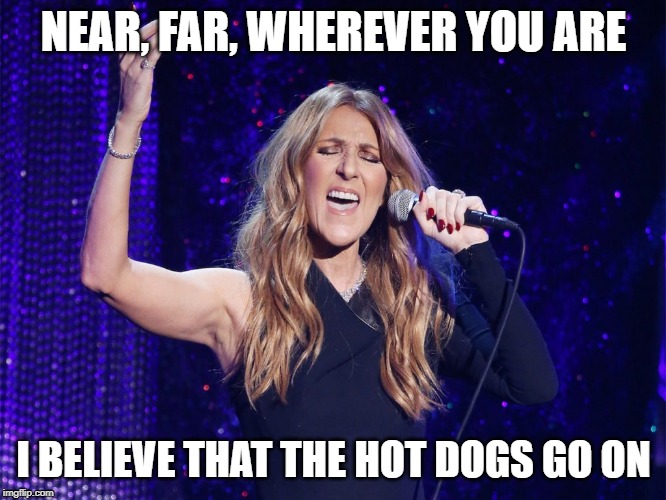 Celine Dion - Hot dogs | NEAR, FAR, WHEREVER YOU ARE; I BELIEVE THAT THE HOT DOGS GO ON | image tagged in celine dion,hot dogs,karaoke | made w/ Imgflip meme maker