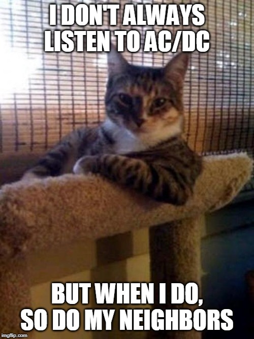 The Most Interesting Cat In The World | I DON'T ALWAYS LISTEN TO AC/DC; BUT WHEN I DO, SO DO MY NEIGHBORS | image tagged in memes,the most interesting cat in the world | made w/ Imgflip meme maker
