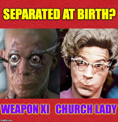 My guess is... no. | SEPARATED AT BIRTH? WEAPON XI   CHURCH LADY | image tagged in memes,church lady,weapon xi,separated at birth | made w/ Imgflip meme maker