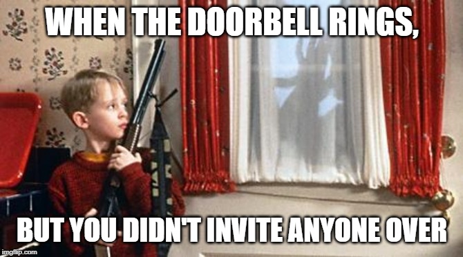 Home alone  | WHEN THE DOORBELL RINGS, BUT YOU DIDN'T INVITE ANYONE OVER | image tagged in home alone | made w/ Imgflip meme maker