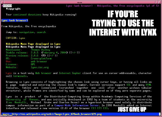 Lynx | IF YOU'RE TRYING TO USE THE INTERNET WITH LYNX; JUST GIVE UP | image tagged in lynx,memes,web browser | made w/ Imgflip meme maker