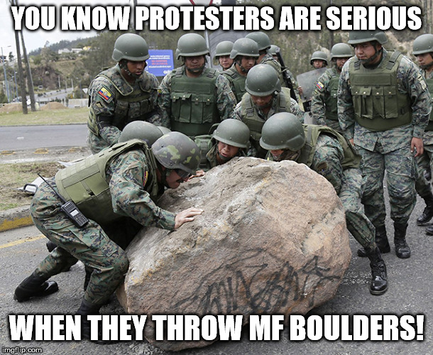 YOU KNOW PROTESTERS ARE SERIOUS; WHEN THEY THROW MF BOULDERS! | image tagged in protesters | made w/ Imgflip meme maker