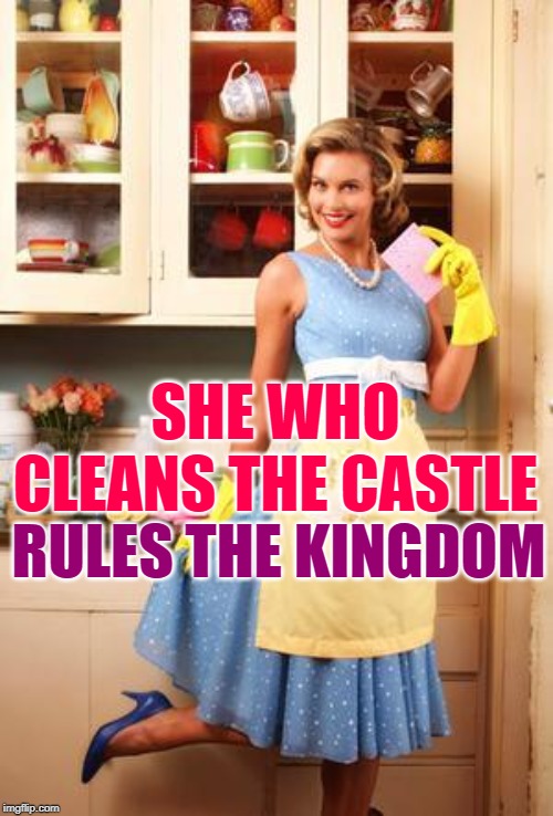Queen of the Castle | SHE WHO CLEANS THE CASTLE; RULES THE KINGDOM | image tagged in happy house wife,cleaning,housework,inspirational memes,housewife,role model | made w/ Imgflip meme maker