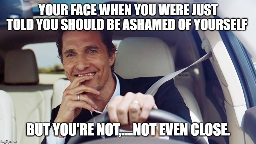 matthew mcconaughey | YOUR FACE WHEN YOU WERE JUST TOLD YOU SHOULD BE ASHAMED OF YOURSELF; BUT YOU'RE NOT,....NOT EVEN CLOSE. | image tagged in matthew mcconaughey | made w/ Imgflip meme maker