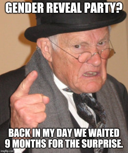 Gender Reveal | GENDER REVEAL PARTY? BACK IN MY DAY WE WAITED 9 MONTHS FOR THE SURPRISE. | image tagged in memes,back in my day,baby,boy,girl,gender | made w/ Imgflip meme maker