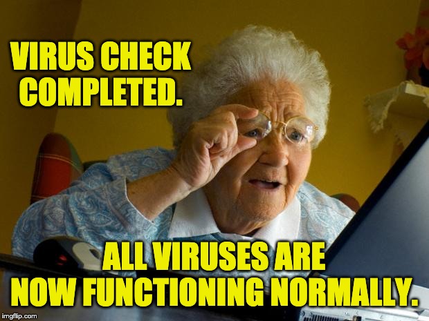 Old lady at computer finds the Internet | VIRUS CHECK COMPLETED. ALL VIRUSES ARE NOW FUNCTIONING NORMALLY. | image tagged in old lady at computer finds the internet | made w/ Imgflip meme maker