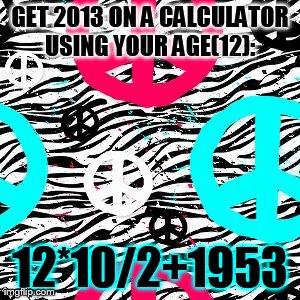 GET 2013 ON A CALCULATOR USING YOUR AGE(12):
 12*10/2+1953 | image tagged in 2k13 | made w/ Imgflip meme maker