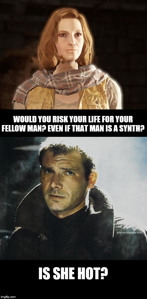 WOULD YOU RISK YOUR LIFE FOR YOUR FELLOW MAN? EVEN IF THAT MAN IS A SYNTH? IS SHE HOT? | image tagged in funny,fallout 4,blade runner | made w/ Imgflip meme maker