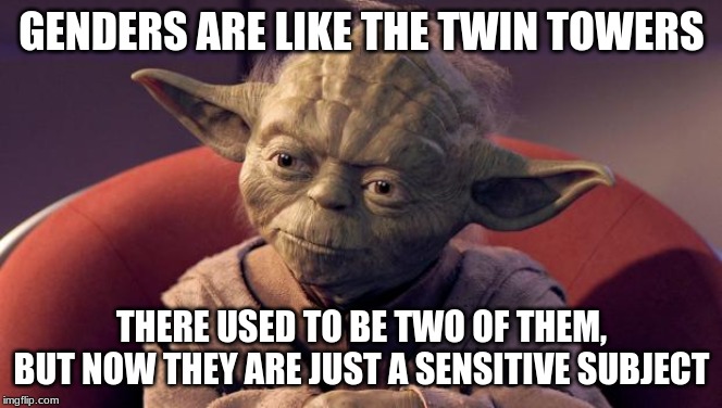 Yoda Wisdom | GENDERS ARE LIKE THE TWIN TOWERS; THERE USED TO BE TWO OF THEM, BUT NOW THEY ARE JUST A SENSITIVE SUBJECT | image tagged in yoda wisdom | made w/ Imgflip meme maker