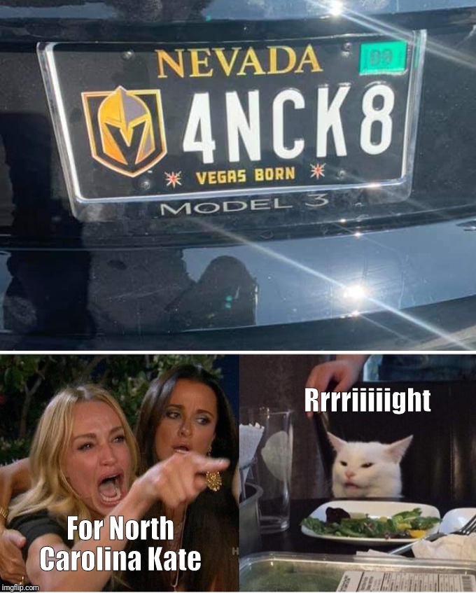 It's a Las Vegas plate, come on | Rrrriiiiight; For North Carolina Kate | image tagged in memes,woman yelling at cat,funny license plate,las vegas,hockey | made w/ Imgflip meme maker