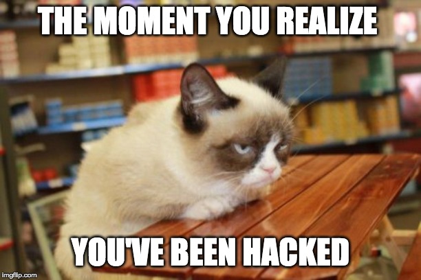 Grumpy Cat Table | THE MOMENT YOU REALIZE; YOU'VE BEEN HACKED | image tagged in memes,grumpy cat table,grumpy cat | made w/ Imgflip meme maker