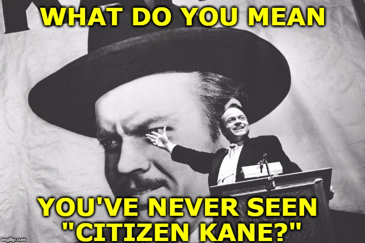 Perhaps the Greatest American Movie. | WHAT DO YOU MEAN; YOU'VE NEVER SEEN 
"CITIZEN KANE?" | image tagged in citizen kane - a rich man who tries to buy poltical office,citizen kane,rich,president,election,america | made w/ Imgflip meme maker