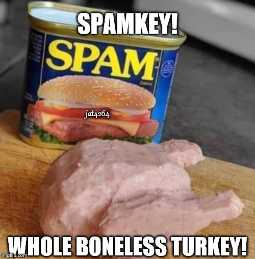 Spamkey | SPAMKEY! jat4264; WHOLE BONELESS TURKEY! | image tagged in spam,turkey,boneless | made w/ Imgflip meme maker
