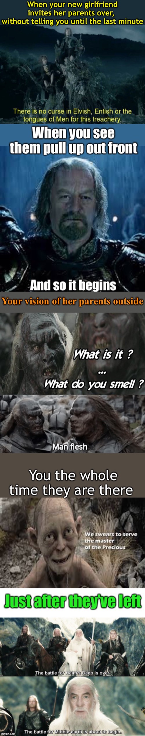 Even Lord Sauron himself wouldn’t do something so evil. | When your new girlfriend invites her parents over, 
without telling you until the last minute | image tagged in lord of the rings,story time jesus,my precious,the one ring,its not going to happen,fairly odd parents | made w/ Imgflip meme maker