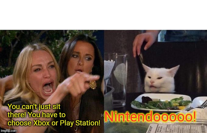 Choose Wisely | You can't just sit there! You have to choose Xbox or Play Station! Nintendooooo! | image tagged in memes,woman yelling at cat | made w/ Imgflip meme maker