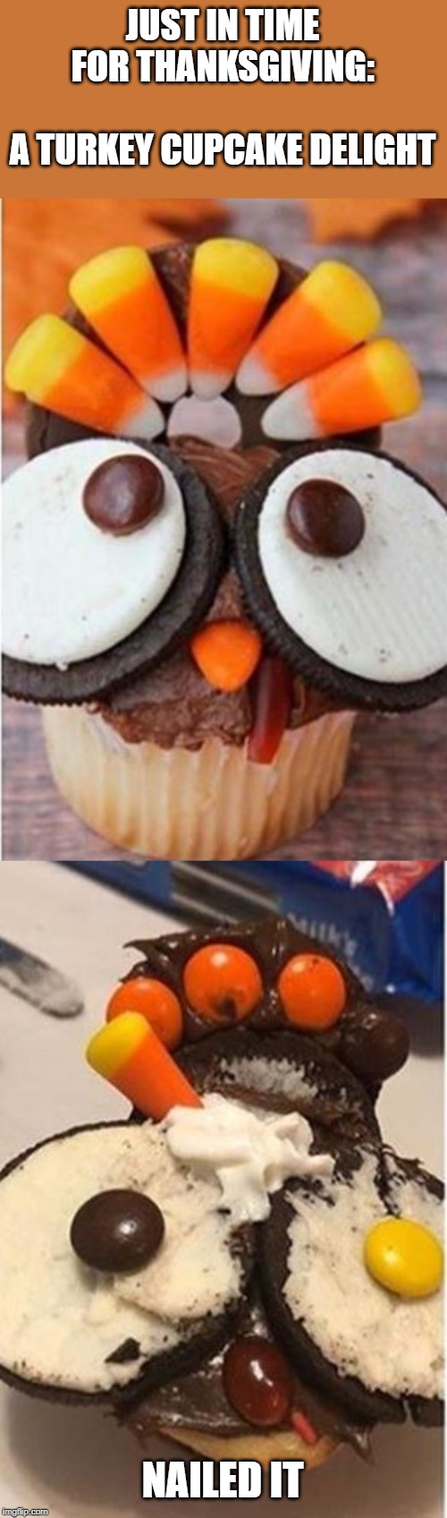 Task failed successfully | JUST IN TIME FOR THANKSGIVING:
 
A TURKEY CUPCAKE DELIGHT; NAILED IT | image tagged in memes,funny,turkey,nailed it,task failed successfully,thanksgiving | made w/ Imgflip meme maker