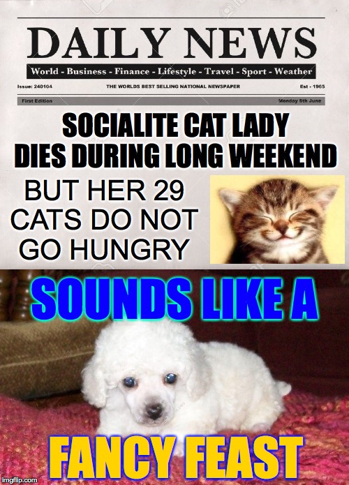 Black Humour Weekend a LordCheesus Event Nov 29-Dec 1 | SOCIALITE CAT LADY DIES DURING LONG WEEKEND; BUT HER 29
CATS DO NOT
GO HUNGRY; SOUNDS LIKE A; FANCY FEAST | image tagged in newspaper,memes,cat lady,black friday,black humour,fancy feast | made w/ Imgflip meme maker