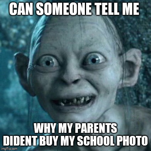 Gollum Meme | CAN SOMEONE TELL ME; WHY MY PARENTS DIDENT BUY MY SCHOOL PHOTO | image tagged in memes,gollum | made w/ Imgflip meme maker