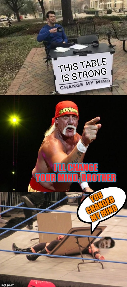 Mind changed | THIS TABLE IS STRONG; I'LL CHANGE YOUR MIND, BROTHER; YOU CHANGED MY MIND | image tagged in hulk hogan,memes,change my mind,44colt,wrestling,photoshop | made w/ Imgflip meme maker
