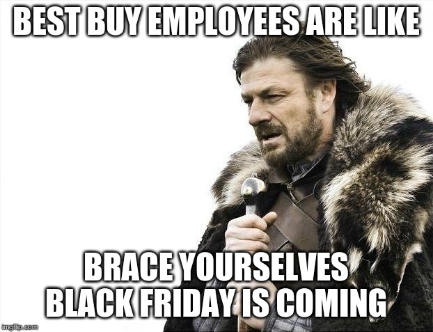 Brace Yourselves X is Coming | BEST BUY EMPLOYEES ARE LIKE; BRACE YOURSELVES BLACK FRIDAY IS COMING | image tagged in memes,brace yourselves x is coming | made w/ Imgflip meme maker