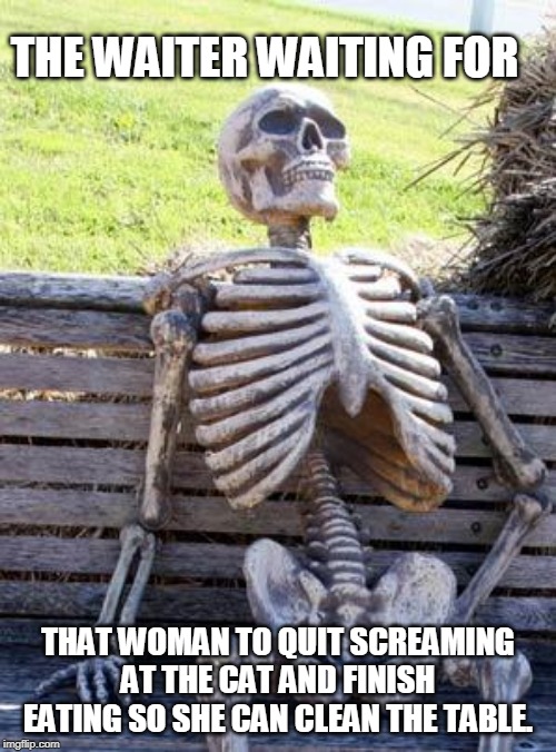 Waiting Skeleton | THE WAITER WAITING FOR; THAT WOMAN TO QUIT SCREAMING AT THE CAT AND FINISH EATING SO SHE CAN CLEAN THE TABLE. | image tagged in woman yelling at cat,waiting skeleton,still waiting | made w/ Imgflip meme maker