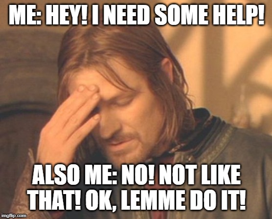 Frustrated Boromir | ME: HEY! I NEED SOME HELP! ALSO ME: NO! NOT LIKE THAT! OK, LEMME DO IT! | image tagged in memes,frustrated boromir | made w/ Imgflip meme maker