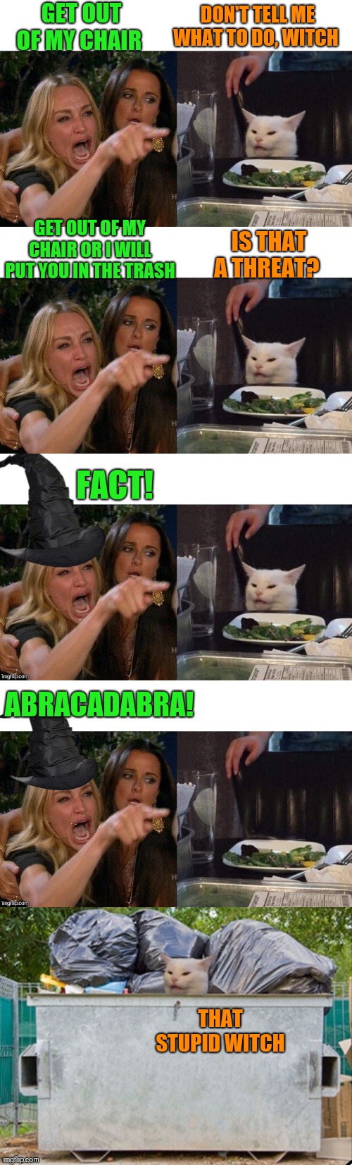 A true witch... ;) | GET OUT OF MY CHAIR; DON'T TELL ME WHAT TO DO, WITCH; GET OUT OF MY CHAIR OR I WILL PUT YOU IN THE TRASH; IS THAT A THREAT? FACT! ABRACADABRA! THAT STUPID WITCH | image tagged in memes,woman yelling at cat,44colt,witch,dumpster,food | made w/ Imgflip meme maker