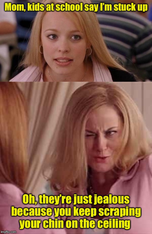 Stuck up level: Expert | Mom, kids at school say I’m stuck up; Oh, they’re just jealous because you keep scraping your chin on the ceiling | image tagged in mean girls regina,mean girls- cool mom,stuck up,jealous | made w/ Imgflip meme maker