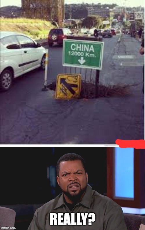 this is a hole to the other side of the earth | REALLY? | image tagged in really ice cube,china,funny,memes,road,stupid signs | made w/ Imgflip meme maker