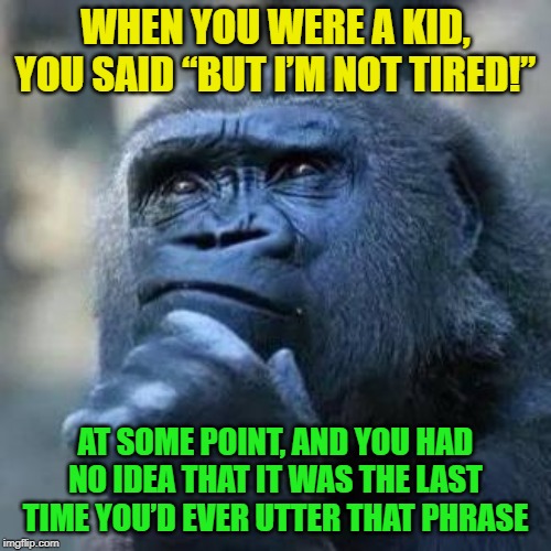 Think About it | WHEN YOU WERE A KID, YOU SAID “BUT I’M NOT TIRED!”; AT SOME POINT, AND YOU HAD NO IDEA THAT IT WAS THE LAST TIME YOU’D EVER UTTER THAT PHRASE | image tagged in thinking ape | made w/ Imgflip meme maker