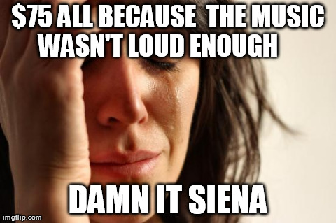 First World Problems Meme | $75 ALL BECAUSE  THE MUSIC WASN'T LOUD ENOUGH




 DAMN IT SIENA | image tagged in memes,first world problems | made w/ Imgflip meme maker