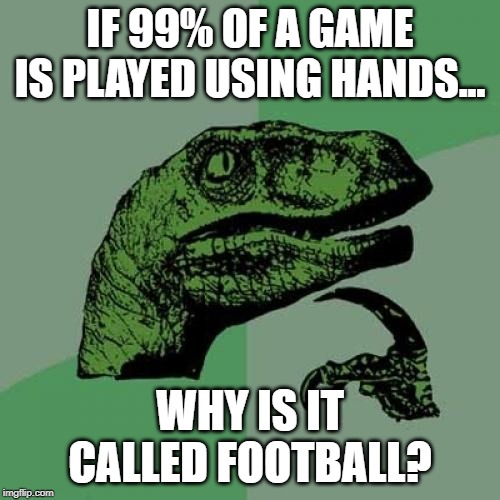 Handball, anyone? | IF 99% OF A GAME IS PLAYED USING HANDS... WHY IS IT CALLED FOOTBALL? | image tagged in memes,philosoraptor,football,soccer | made w/ Imgflip meme maker