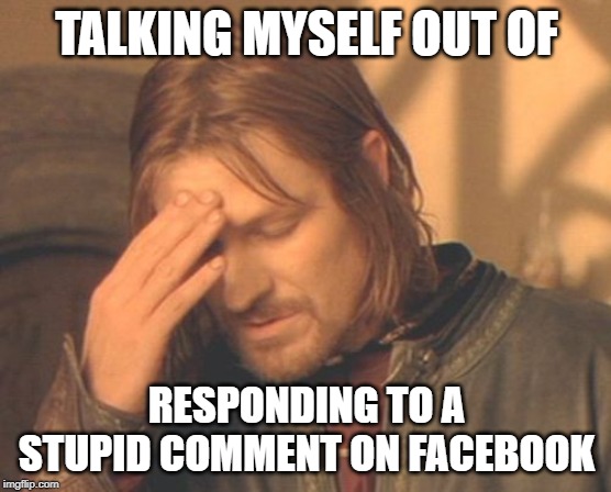Frustrated Boromir | TALKING MYSELF OUT OF; RESPONDING TO A STUPID COMMENT ON FACEBOOK | image tagged in memes,frustrated boromir | made w/ Imgflip meme maker