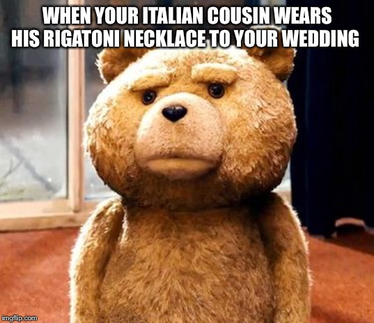 TED | WHEN YOUR ITALIAN COUSIN WEARS HIS RIGATONI NECKLACE TO YOUR WEDDING | image tagged in memes,ted | made w/ Imgflip meme maker