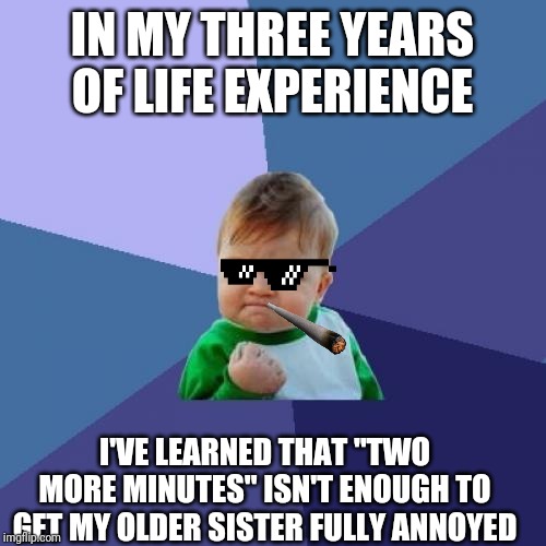 Success Kid | IN MY THREE YEARS OF LIFE EXPERIENCE; I'VE LEARNED THAT "TWO MORE MINUTES" ISN'T ENOUGH TO GET MY OLDER SISTER FULLY ANNOYED | image tagged in memes,success kid | made w/ Imgflip meme maker