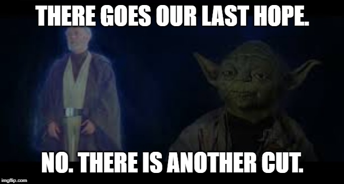 THERE GOES OUR LAST HOPE. NO. THERE IS ANOTHER CUT. | image tagged in star wars,yoda,ben kenobi,jj abrams,the rise of skywalker | made w/ Imgflip meme maker