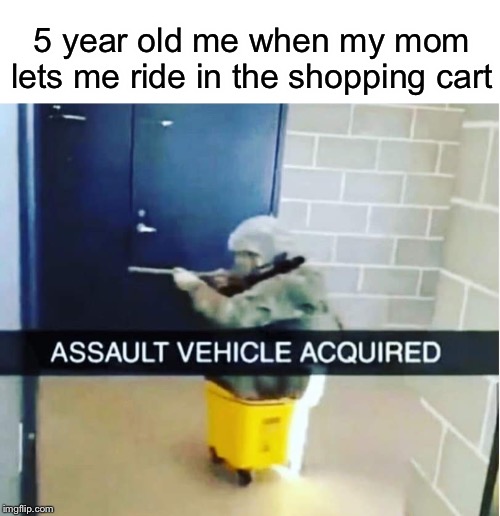 5 year old me when my mom lets me ride in the shopping cart | image tagged in assault,military,shopping cart,funny,memes | made w/ Imgflip meme maker