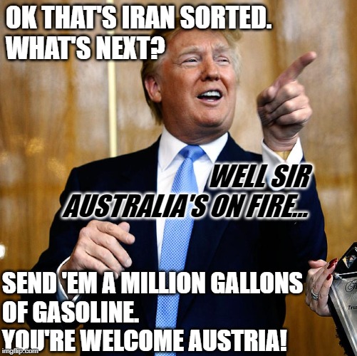 Donal Trump Birthday | OK THAT'S IRAN SORTED. 
WHAT'S NEXT? WELL SIR AUSTRALIA'S ON FIRE... SEND 'EM A MILLION GALLONS 
OF GASOLINE.
YOU'RE WELCOME AUSTRIA! | image tagged in donal trump birthday | made w/ Imgflip meme maker