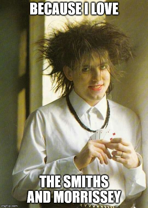 Robert Smith | BECAUSE I LOVE; THE SMITHS AND MORRISSEY | image tagged in robert smith,the cure,the smiths,morrissey | made w/ Imgflip meme maker