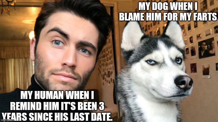 Man and dog | MY DOG WHEN I BLAME HIM FOR MY FARTS; MY HUMAN WHEN I REMIND HIM IT'S BEEN 3 YEARS SINCE HIS LAST DATE. | image tagged in man and dog | made w/ Imgflip meme maker