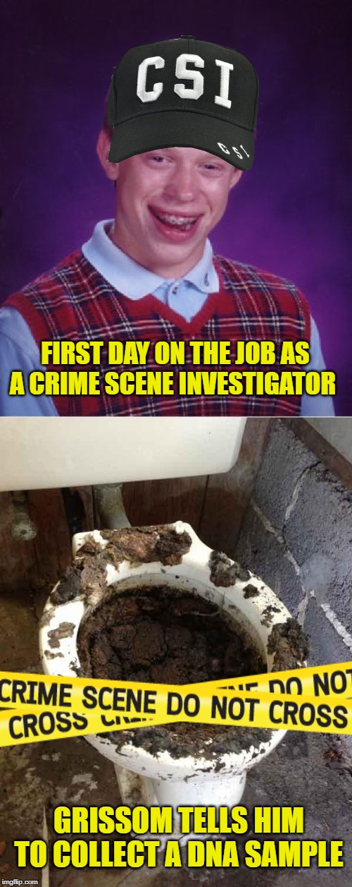 Crappy Job to Have | FIRST DAY ON THE JOB AS A CRIME SCENE INVESTIGATOR; GRISSOM TELLS HIM TO COLLECT A DNA SAMPLE | image tagged in memes,bad luck brian,toilet,csi,crime,funny memes | made w/ Imgflip meme maker